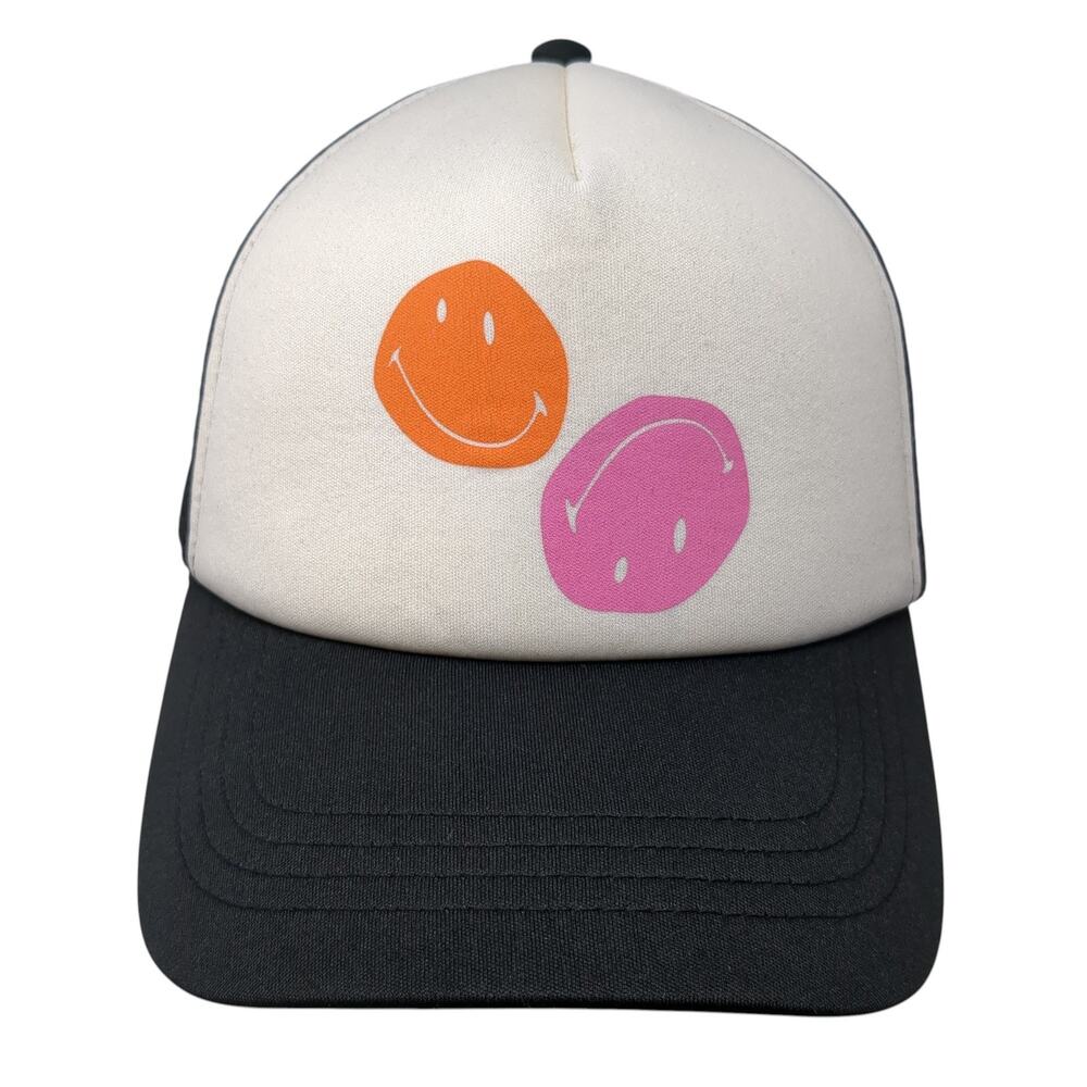 Rubi Smiley Snapback Trucker Hat Black One Size Adjustable Mesh Back Cotton
